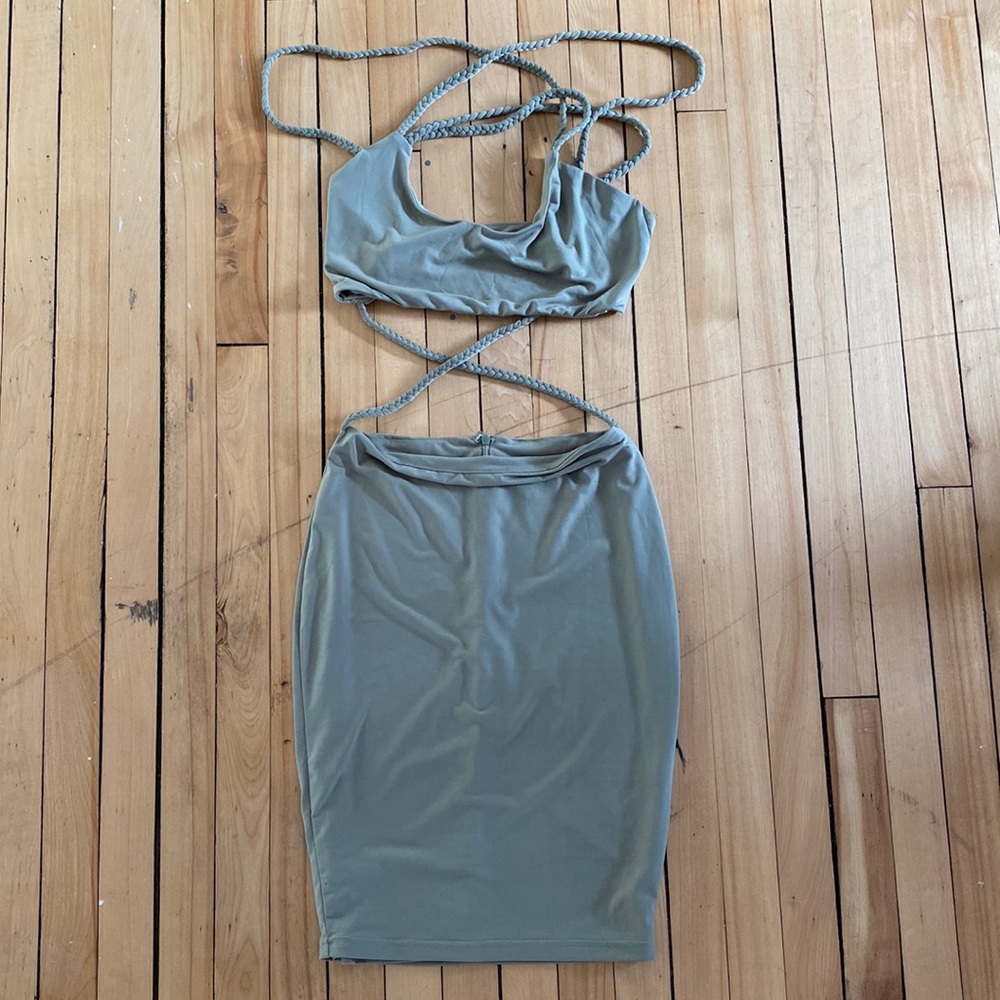 Olive two piece crop top/skirt